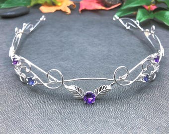 Woodland Elvish Bridal Tiara, Peridot Sapphire Fae Circlet in Sterling Silver, Renaissance Bridal Diadem, Alternative Bridal Tiaras