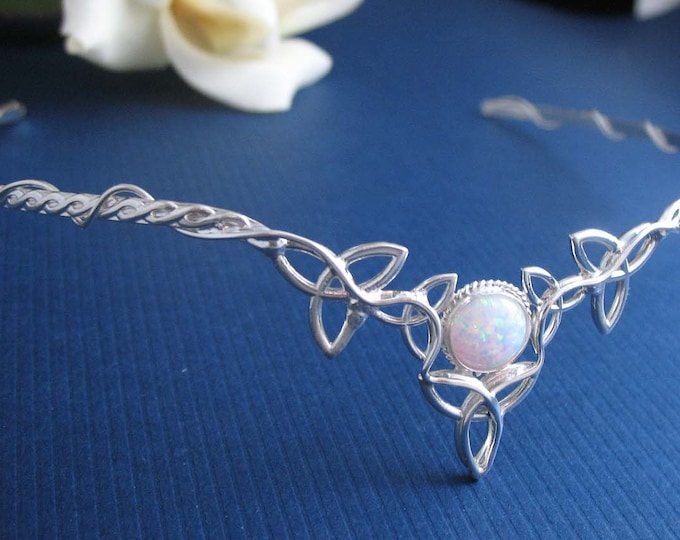 Irish Tiaras, Celtic Wedding Circlet Headpiece, Fantasy Tiaras, Diadems, BubbleGum Opal Gemstone, Sterling Silver 925