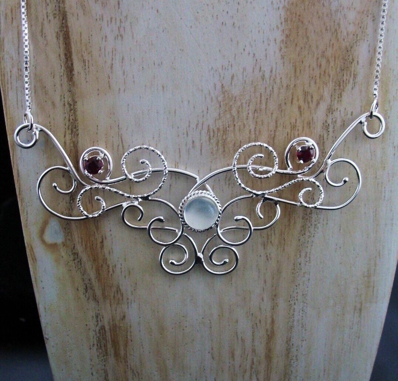 Victorian Moonstone Necklace in Sterling Silver, Boho Jewelry, Art Nouveau Scroll Necklaces, Wedding Jewelry Necklace, Bridal Necklace image 3