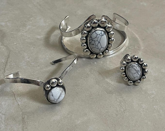 Sterling Silver White Turquoise Bracelet - Custom Made Stevie Nicks Style 70s Cuff Bracelet Set, Ring and Small Bracelet, Gifts For Her