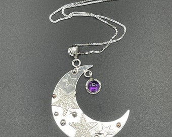 Large Sterling Silver Crescent Moon Necklace, Amethyst Celestial Jewelry