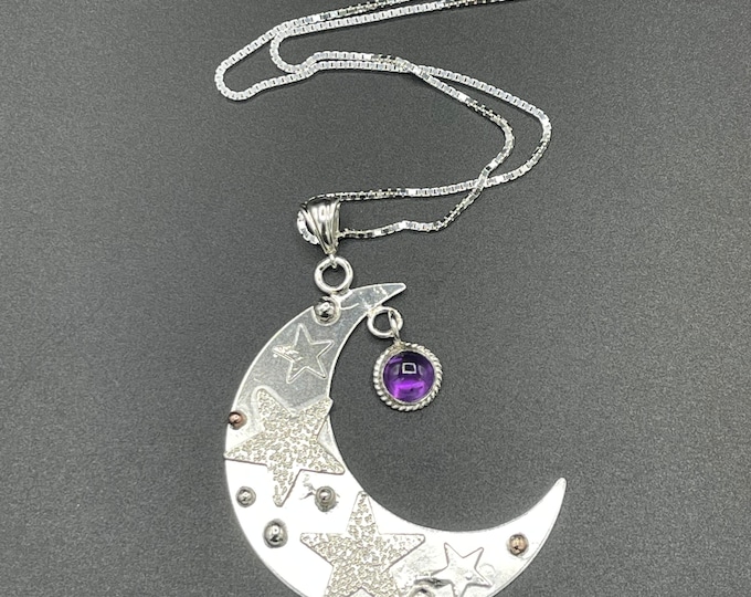 Large Sterling Silver Crescent Moon Necklace, Amethyst Celestial Jewelry