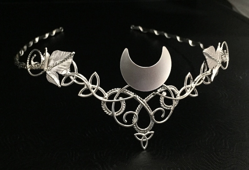 Wedding Circlet for Hair Handmade Artisan SCA Pagan Alternative Elvish Celtic Leaves Crescent Moon Bridal Wedding Tiara in Sterling Silver