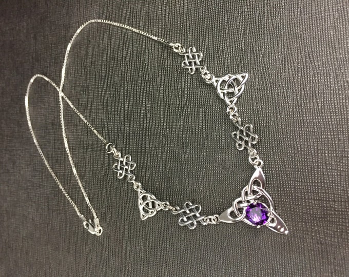 Celtic Knot Amethyst Sapphire Emerald Sterling Silver Necklaces, Irish Necklaces, Gifts For Her, Birthday Gifts, Irish Jewelry