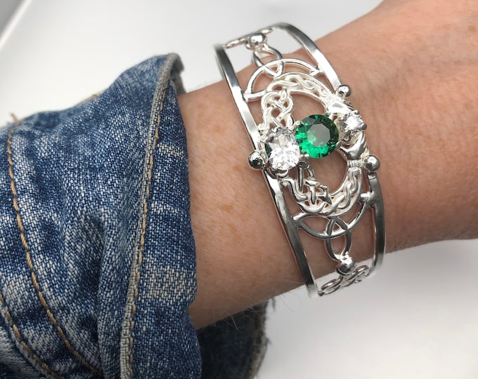 Celtic Claddagh Emerald Bracelet Cuff in Sterling Silver, Irish Jewelry, Artisan Cuff Bracelet, Gifts For Her, Scottish Bracelets