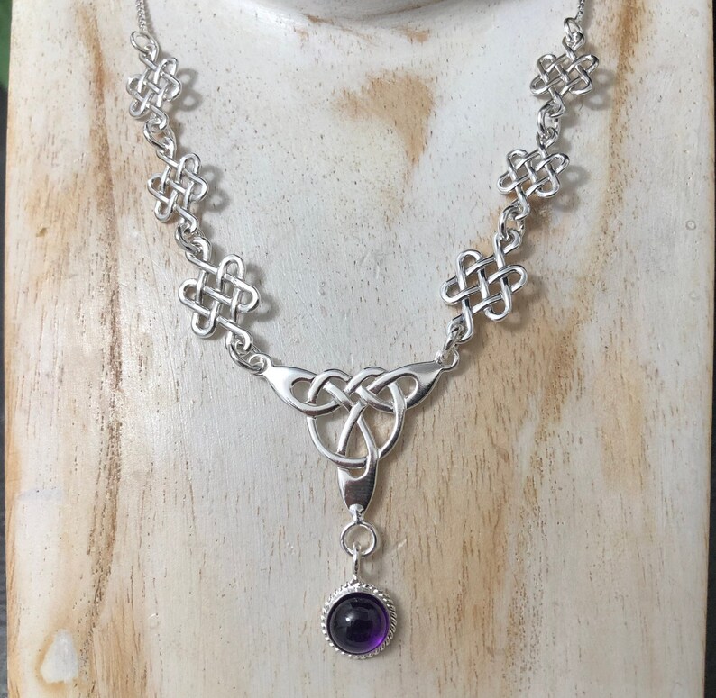 Celtic Knot Amethyst Necklace Sterling Silver With 16 Inch Box Chain Attached, Irish Bridal Necklace with 8mm Gemstone, Handmade 925, OOAK image 2