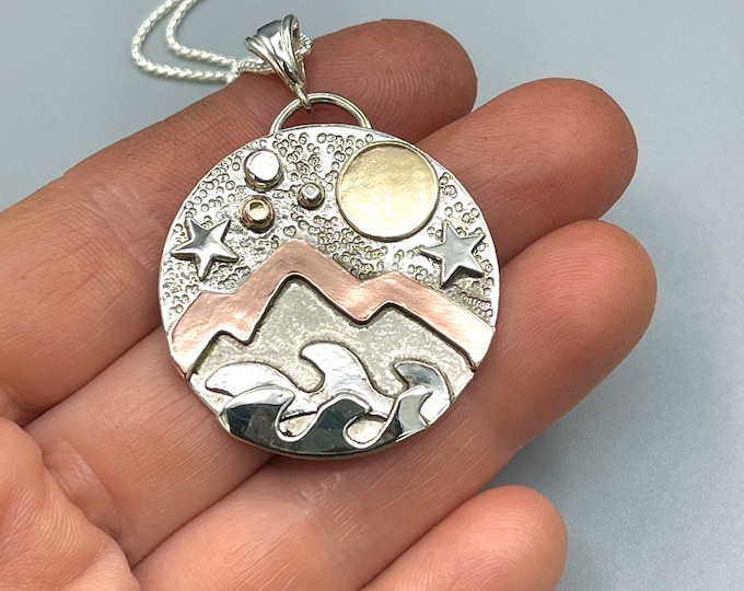 Mountain And Moon Mixed Metal Landscape Necklace, Gift For Her, TriMetal Sterling Silver, Copper, Gold, Nature Necklace, Hiking, Rustic