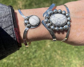 Sterling Silver White Turquoise Bracelet - Custom Made Stevie Nicks Style 70s Cuff Bracelet Set, Ring and Small Bracelet, 25x18 Oval