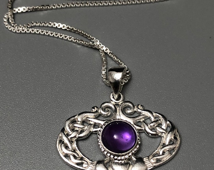 Irish Amethyst Moonstone Irish Claddagh Necklace Sterling Silver, Celtic Necklaces with Cabochon, Gifts For Her, Birthday
