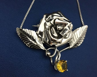 Handmade Rose Necklace with Gemstone in Sterling Silver, Rose Floral Jewelry, Gifts For Her