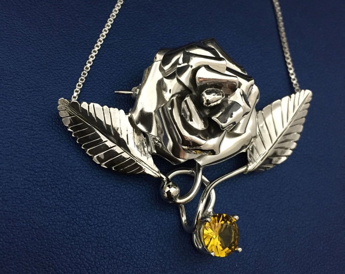 Handmade Rose Necklace with Gemstone in Sterling Silver, Rose Floral Jewelry, Gifts For Her