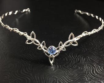 Circlets, Celtic Knot Wedding Tiara in Sterling Silver with Gemstone, Wedding Diadem with Aquamarine Gemstone, Scottish Wedding Circlet