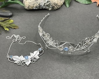 Woodland Elvish Sterling Silver Bridal Jewelry Set: Circlet, Necklace, Earrings, Fantasy Wedding, Diadem, Leaf Jewelry