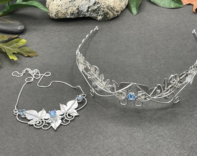 Woodland Elvish Sterling Silver Bridal Jewelry Set: Circlet, Necklace, Earrings, Fantasy Wedding, Diadem, Leaf Jewelry
