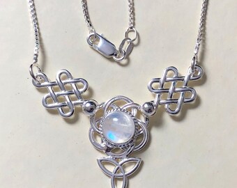 Sterling Silver Celtic Knot Necklace with Moonstone: Irish Jewelry, Irish Necklace, Gifts For Her