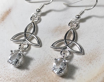 Sterling Silver Celtic Trinity Knot Earrings with White Topaz, Irish Drop Earrings, Gifts For Her
