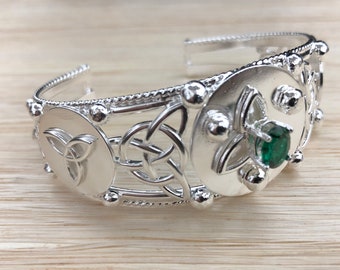 Handmade Sterling Silver Celtic Cuff Bracelet with Emerald, Irish Jewelry, Statement Bracelet, Gifts For Her