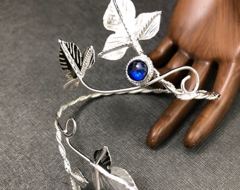 Woodland Leaf Gemstone Bracelet Cuff in Sterling Silver, Elvish Artisan Bracelet Cuff, Wrist Jewelry, Gifts for Her