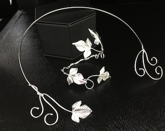Woodland Jewelry Set in Sterling Silver, Neck Ring, Bracelet Cuff, Ivy Leaf Drop Earrings, Woodland Bridal Jewelry Accessories Handmade OOAK