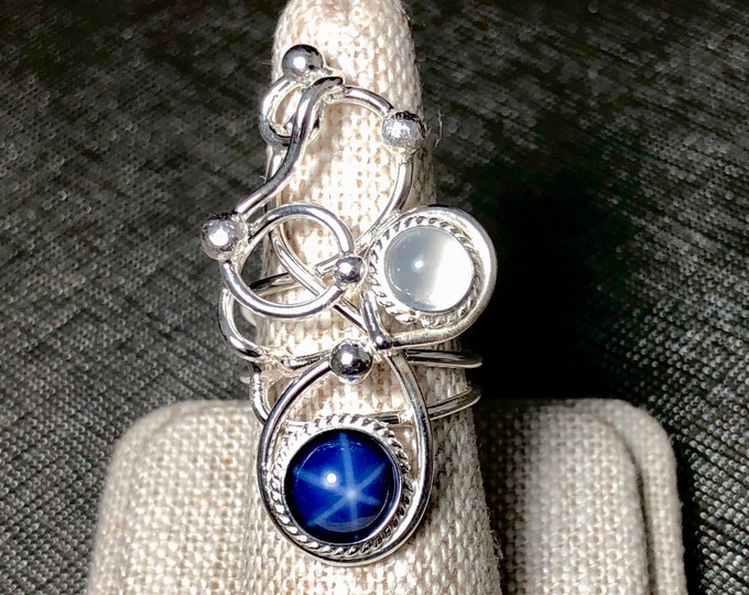 Bohemian Sapphire Moonstone Free Style Ring, Gifts For Her, Statement Moonstone Rings, Abstract Swirl Finger Jewelry