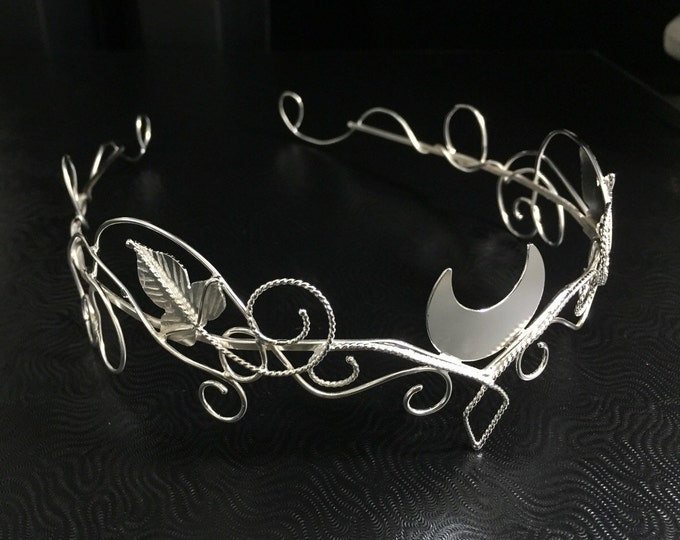 Crescent Moon Elvish Tiara in Sterling Silver, Crescent Moon Tiara, Artisan Woodland Circlet, Artisan Bridal Tiara, Handfasting Circlet