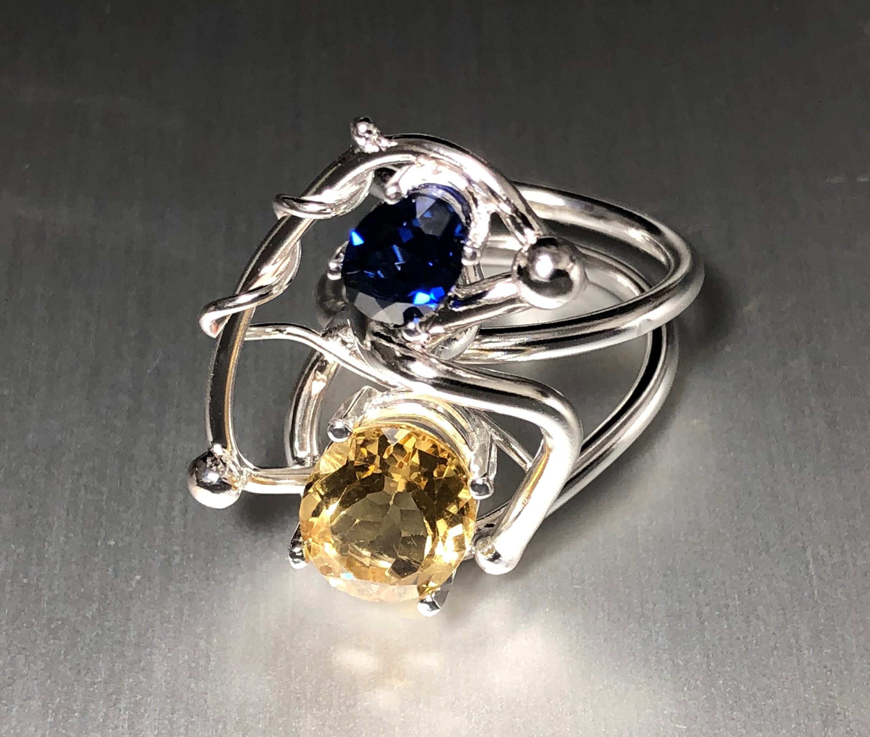 Bohemian Artisan Citrine Sapphire Ring in Sterling Silver, Statement