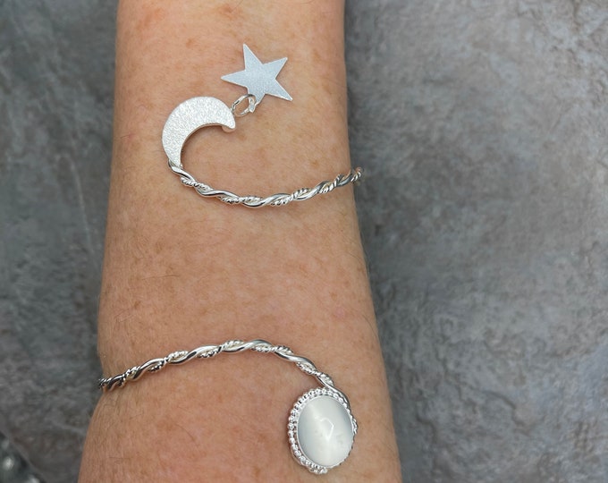 Bracelet Wrap Cuff With Moonstone Cabochon Celestial Moon and Star Cuff, Handmade Artisan Bracelet Band, Flexible Bracelet for Wrist