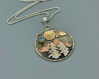 Sterling Silver Forest Necklace, Enchanted Forest Jewelry, Tree Jewelry, Gold and Silver  Mixed Metals Mountain Scene Necklace, Gift For Her