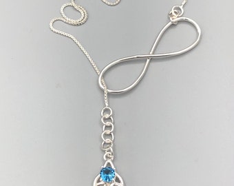 Sterling Silver Long Celtic Trinity Knot Lariat Necklace with Gemstone, Irish Necklace, Gifts For Her