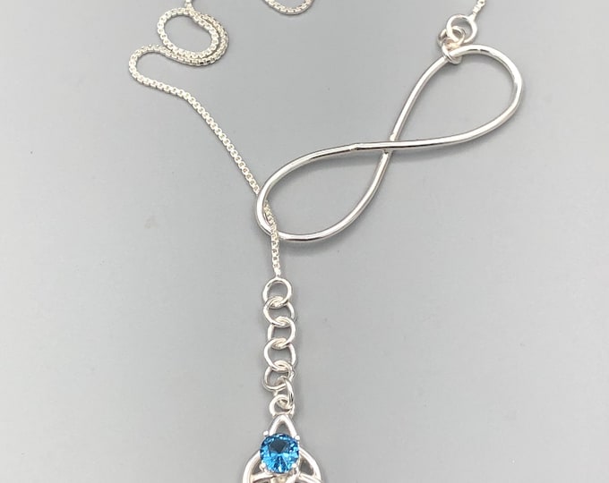 Sterling Silver Long Celtic Trinity Knot Lariat Necklace with Gemstone, Irish Necklace, Gifts For Her
