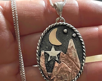 Mixed Metal Mountain Scene Necklace: Sterling Silver, Copper & 14K Gold