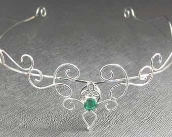 Elvish Sterling Silver Gemstone Tiara: Bridal Circlet Hair Jewelry, Fantasy Wedding Diadem, Elegant Bride, Classic Wedding
