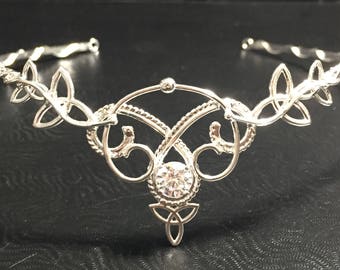 Celtic Bridal Sapphire White Topaz Tiara in Sterling Silver, Irish Diadems, Elvish Fantasy Tiaras, Bohemian Headpieces, Fantasy Wedding