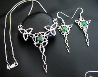Celtic Trinity Knot Necklace Earring Set in Sterling Silver, Irish Jewelry Set, Gifts For Her, Wedding Accessories, Emerald, Topaz, Sapphire