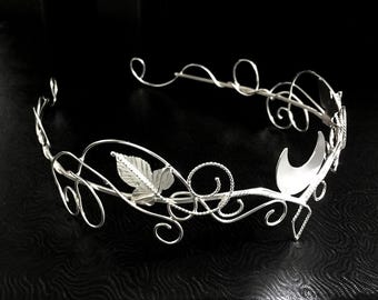 Sterling Silver Crescent Moon Crown: Elvish Bridal Circlet, Celtic Diadem, Pagan Moon Handfasting, Gifts For Her