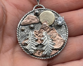 Mixed Metals Mountain Scene Necklace: Sterling Silver, Copper & 14K Gold, Nature Inspired Medallion