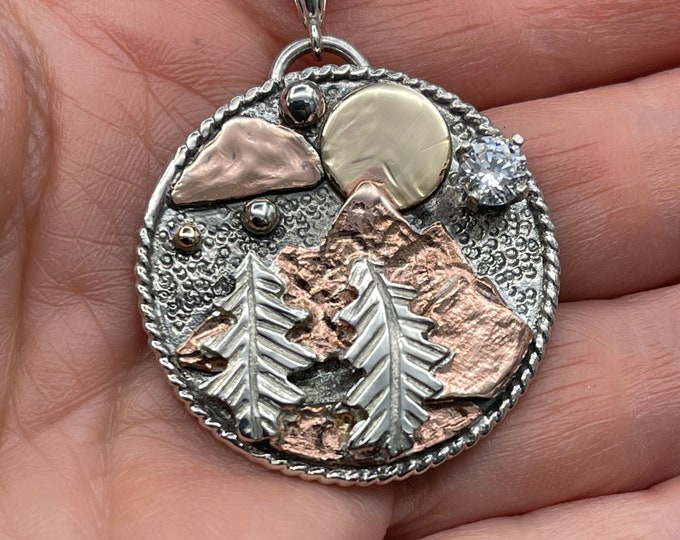 Mixed Metals Mountain Scene Necklace: Sterling Silver, Copper & 14K Gold, Nature Inspired Medallion