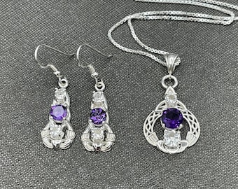 Irish Claddagh Sapphire White Topaz Amethyst, Emerald Necklace Earring Set in Sterling Silver, Artisan Celtic Jewelry Sets, Gifts For Her