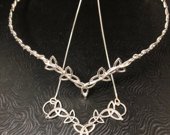Irish Celtic Nordic Wedding Tiara and Necklace Set, Sterling Silver Fantasy Wedding Circlets, Handmade Celtic Knot Necklace, Gifts For Her