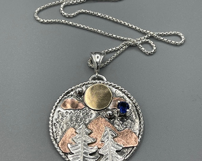 Mountain Rustic Necklace, Gift For Her, Hiking Jewelry Sterling Silver, Copper, 14K Gold Nature Necklace, Mixed Metal Jewelry Handmade