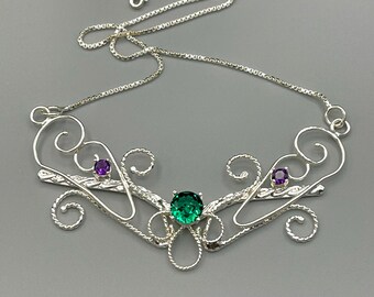 Elvish Emerald Amethyst Necklace in Sterling Silver, Art Nouveau Handmade Necklace, Sterling Silver Wedding necklace, Bridal Necklace