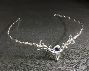 Elvish Sterling Silver Celtic Knot Tiara with Sapphire: Irish Wedding Headpiece