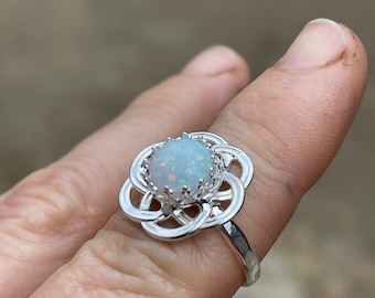 Handmade Sterling Silver Opal Ring: Celtic Knot Gemstone, Irish Bohemian Cute Ring, Gifts For Her