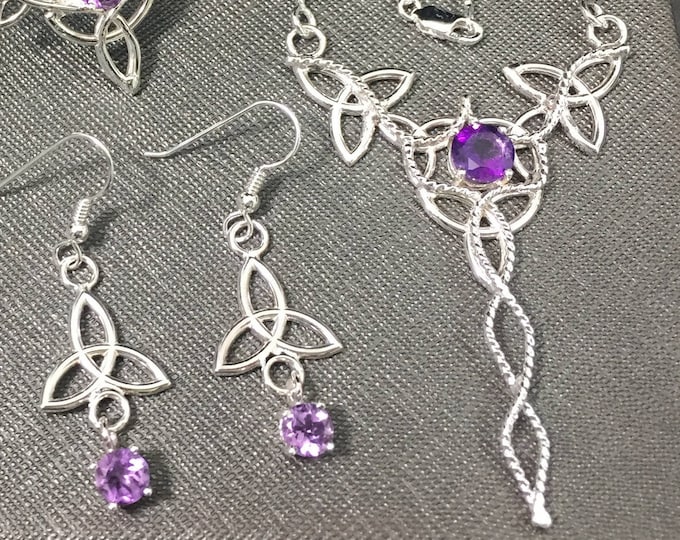 Celtic Knot Amethyst Necklace and Earrings Jewelry Set in 925, Irish Wedding Jewelry, Gifts For Her, Irish Wedding Sets, Victorian Wedding