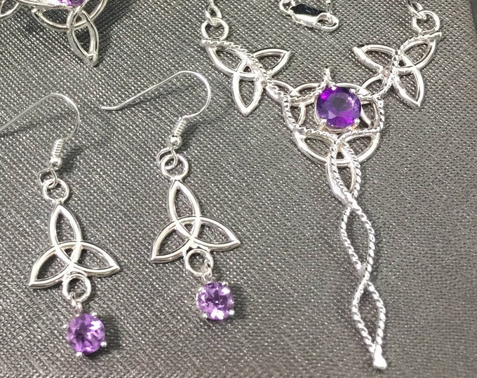 Irish Celtic Amethyst Necklace and Earrings Jewelry Set in 925, Irish Wedding Jewelry, Gifts For Her, Irish Wedding Sets, Victorian Wedding