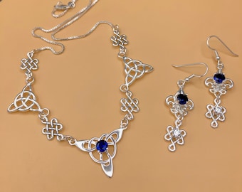 Celtic Trinity Knot Faceted Sapphire Necklace in Sterling Silver, Irish Necklaces, Artisan Neck Jewelry, Bohemian Necklaces
