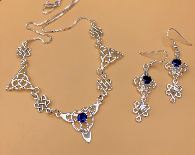 Celtic Trinity Knot Faceted Sapphire Necklace in Sterling Silver, Irish Necklaces, Artisan Neck Jewelry, Bohemian Necklaces