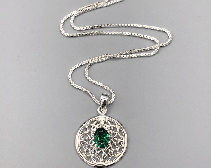 Celtic Knot Emerald Necklace: Sterling Silver Irish Pendant, Gifts For Her