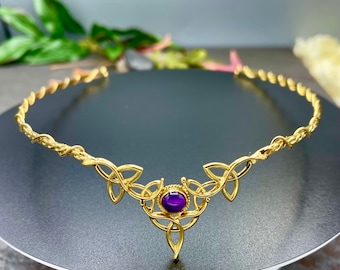 Celtic Trinity Knot Wedding Tiara: 24K Gold Plated Emerald Diadem, Irish Circlet, Fantasy Wedding, Gifts For Het