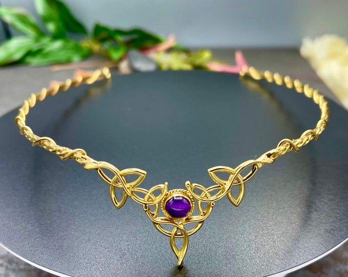 Celtic Trinity Knot Wedding Tiara: 24K Gold Plated Emerald Diadem, Irish Circlet, Fantasy Wedding, Gifts For Het